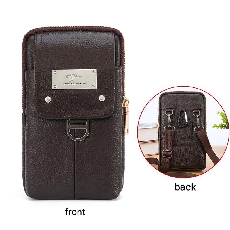Coffee Men's Genuine Leather Waist Bag - Multi Layer Phone Pouch with Belt