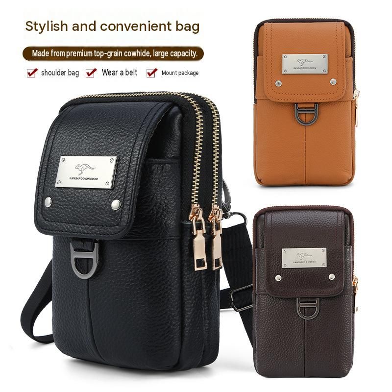 Coffee Men's Genuine Leather Waist Bag - Multi Layer Phone Pouch with Belt view 2
