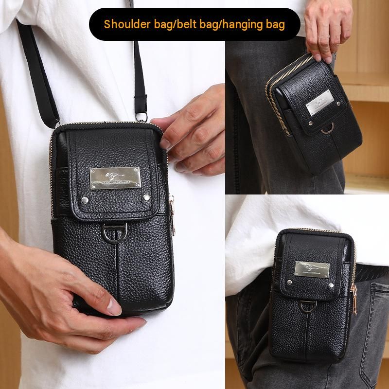 Coffee Men's Genuine Leather Waist Bag - Multi Layer Phone Pouch with Belt view 4
