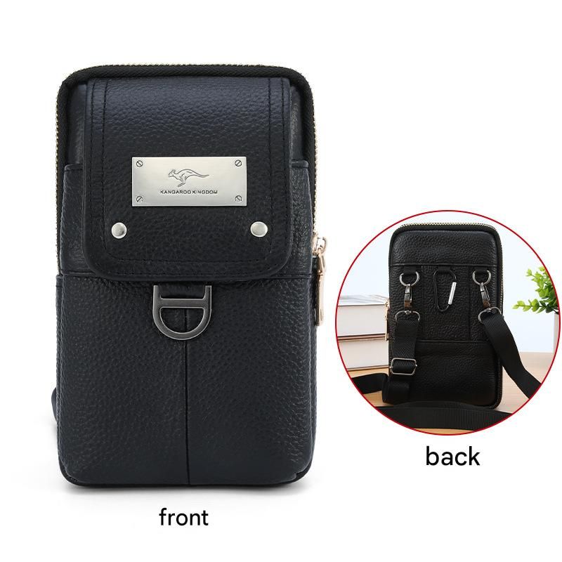 Black Men's Genuine Leather Waist Bag - Multi Layer Phone Pouch with Belt Loop