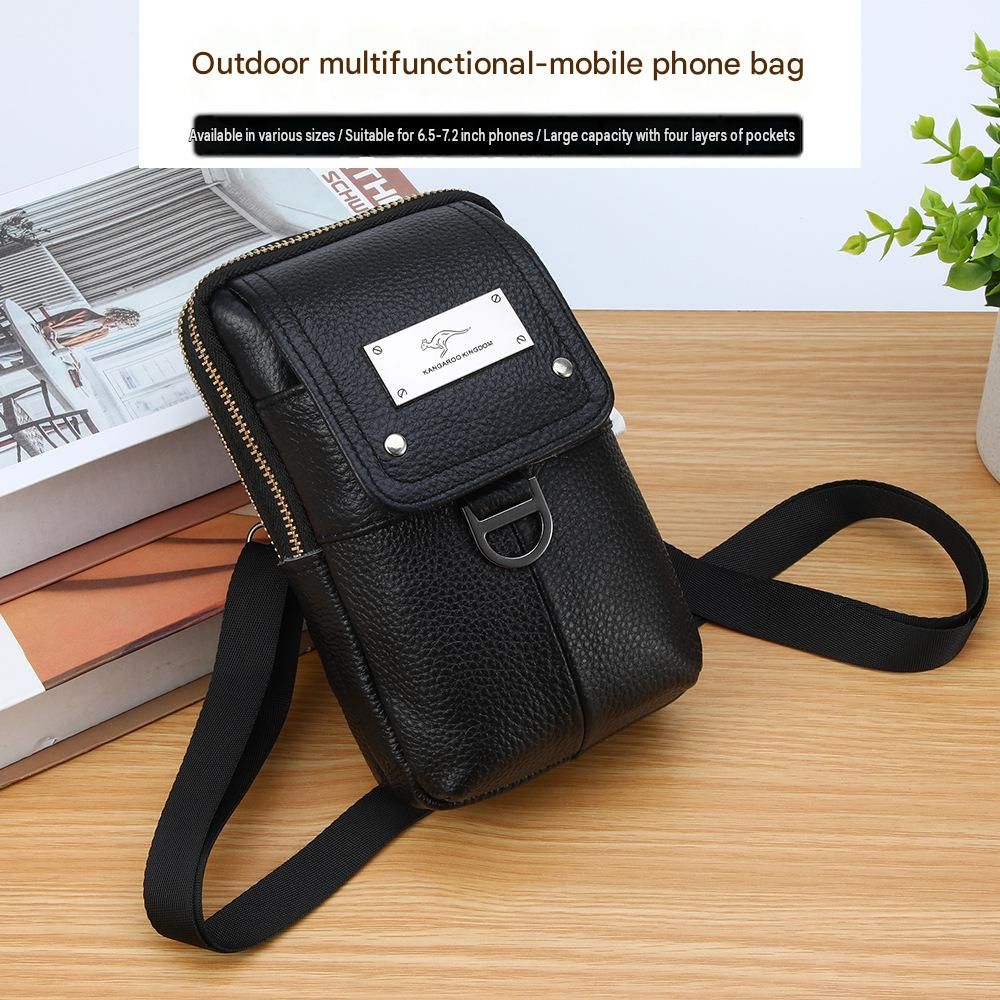 Black Men's Genuine Leather Waist Bag - Multi Layer Phone Pouch with Belt Loop view 3