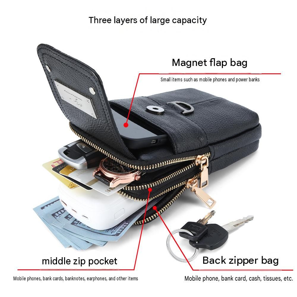Black Men's Genuine Leather Waist Bag - Multi Layer Phone Pouch with Belt Loop view 5