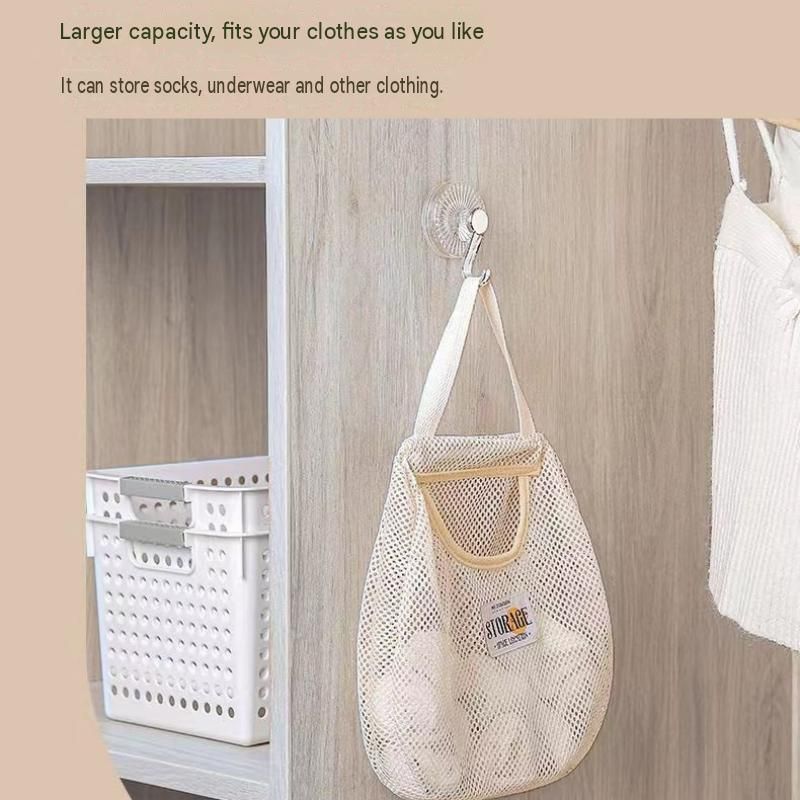 2 pcs Beige Hanging Mesh Storage Bag - Breathable Canvas Organizer for Socks view 6