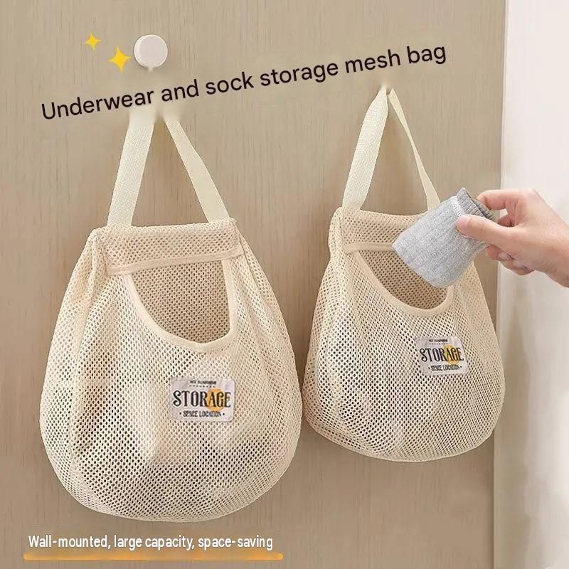 3 pcs Beige Hanging Mesh Storage Bag - Breathable Canvas Organizer for Socks view 2