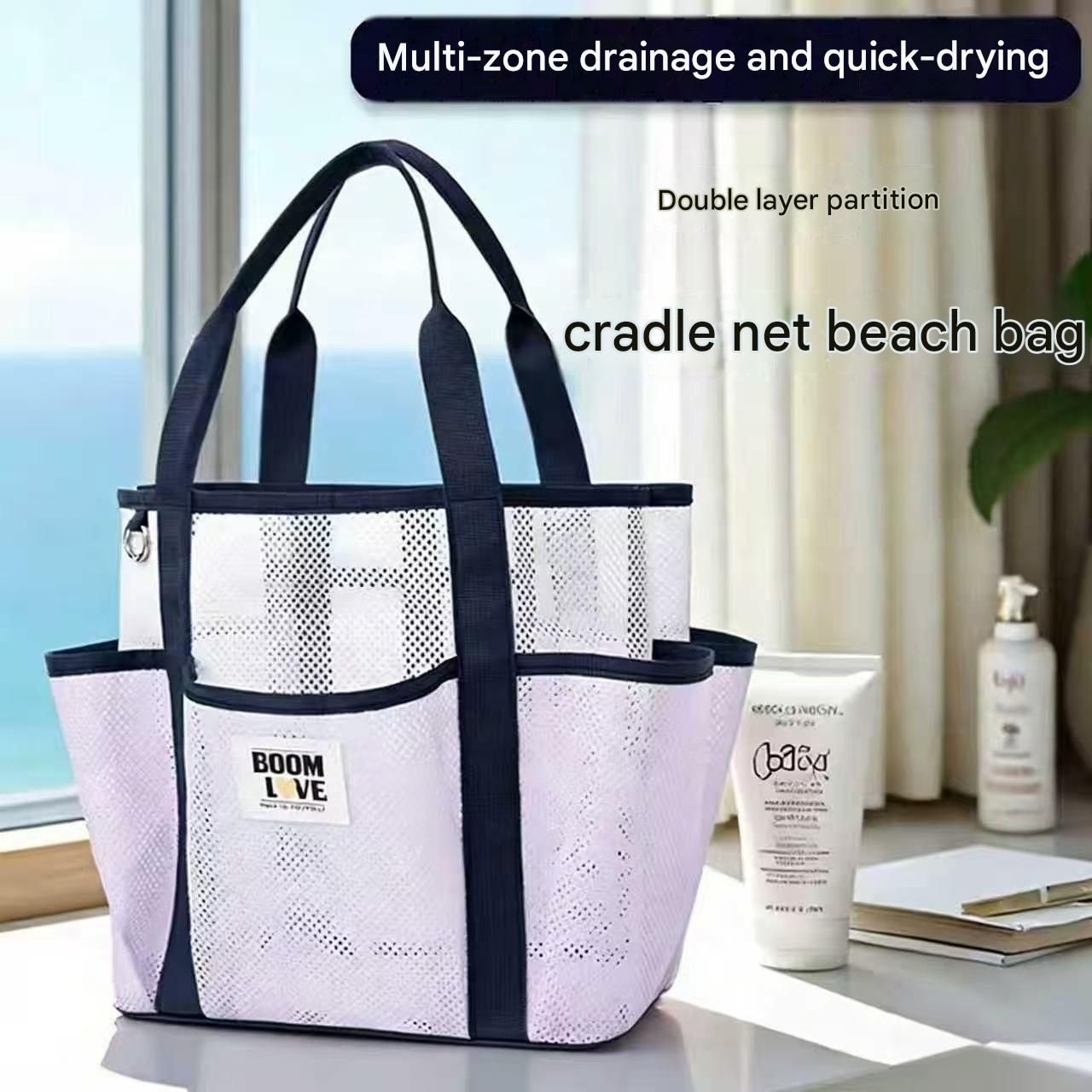 Purple-White Large Capacity Mesh Beach Tote Bag - Breathable Polyester Swim view 5