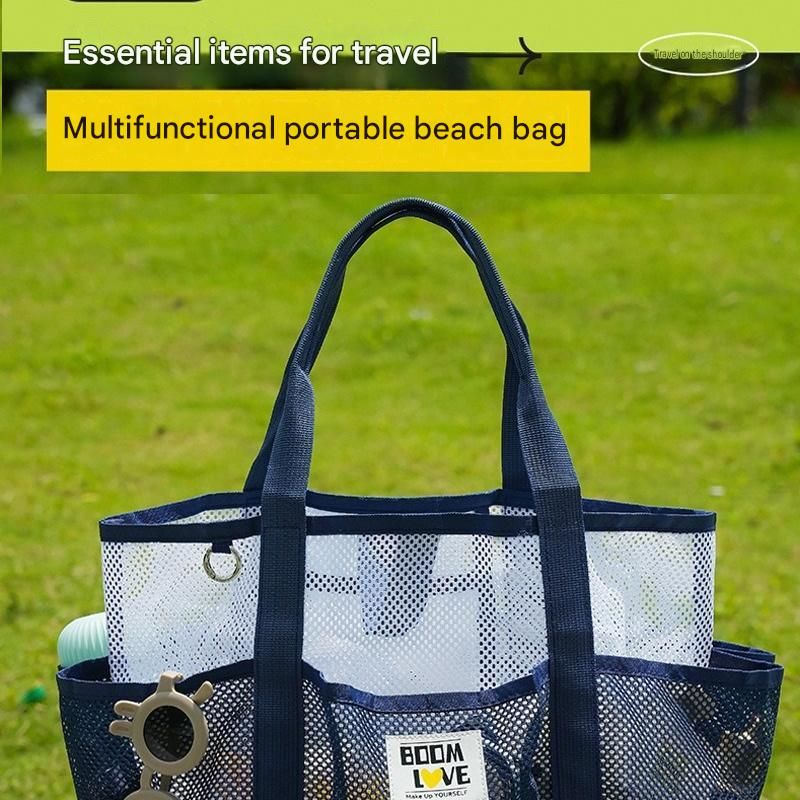 Green-White Large Capacity Mesh Beach Tote Bag - Breathable Polyester Swim Bag view 2