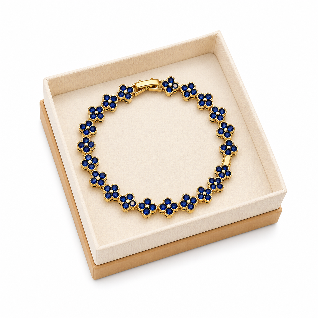Gold and Blue Four-Leaf Clover Zircon Bracelet - Gold-Tone Alloy Lucky Charm — image 1