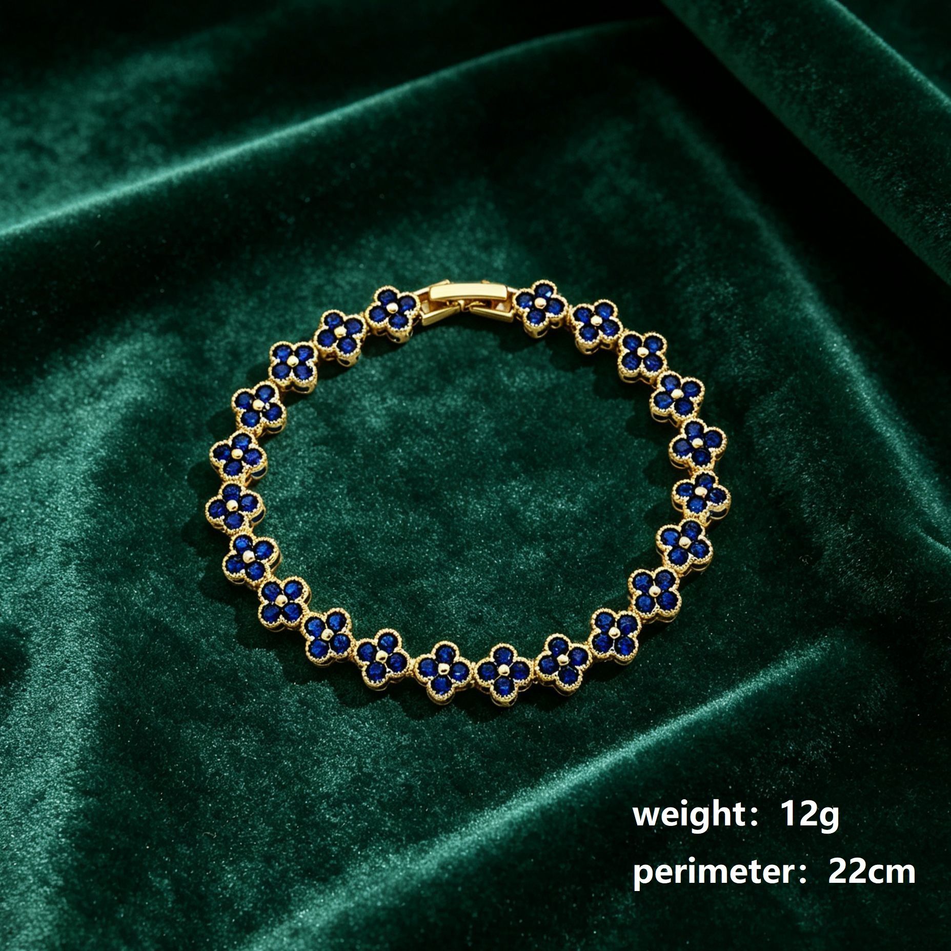 Gold and Blue Four-Leaf Clover Zircon Bracelet - Gold-Tone Alloy Lucky Charm view 3