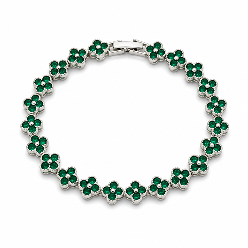 Silver and Green Four-Leaf Clover Zircon Bracelet - Gold-Tone Alloy Lucky view 2