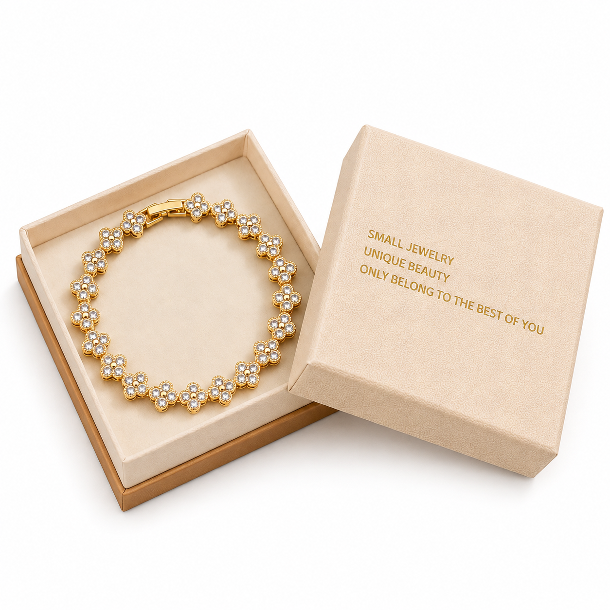 Gold and White Four-Leaf Clover Zircon Bracelet - Gold-Tone Alloy Lucky Charm — image 1