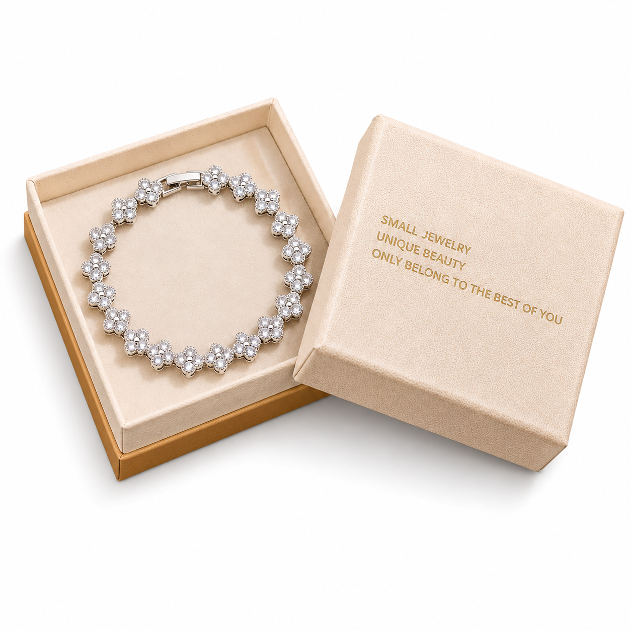 Silver and White Four-Leaf Clover Zircon Bracelet - Gold-Tone Alloy Lucky — image 1