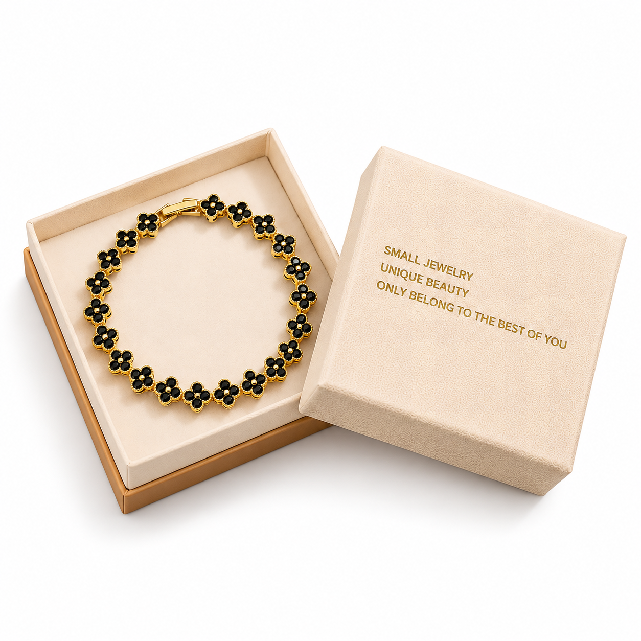 Gold and Black Four-Leaf Clover Zircon Bracelet - Gold-Tone Alloy Lucky Charm — image 1