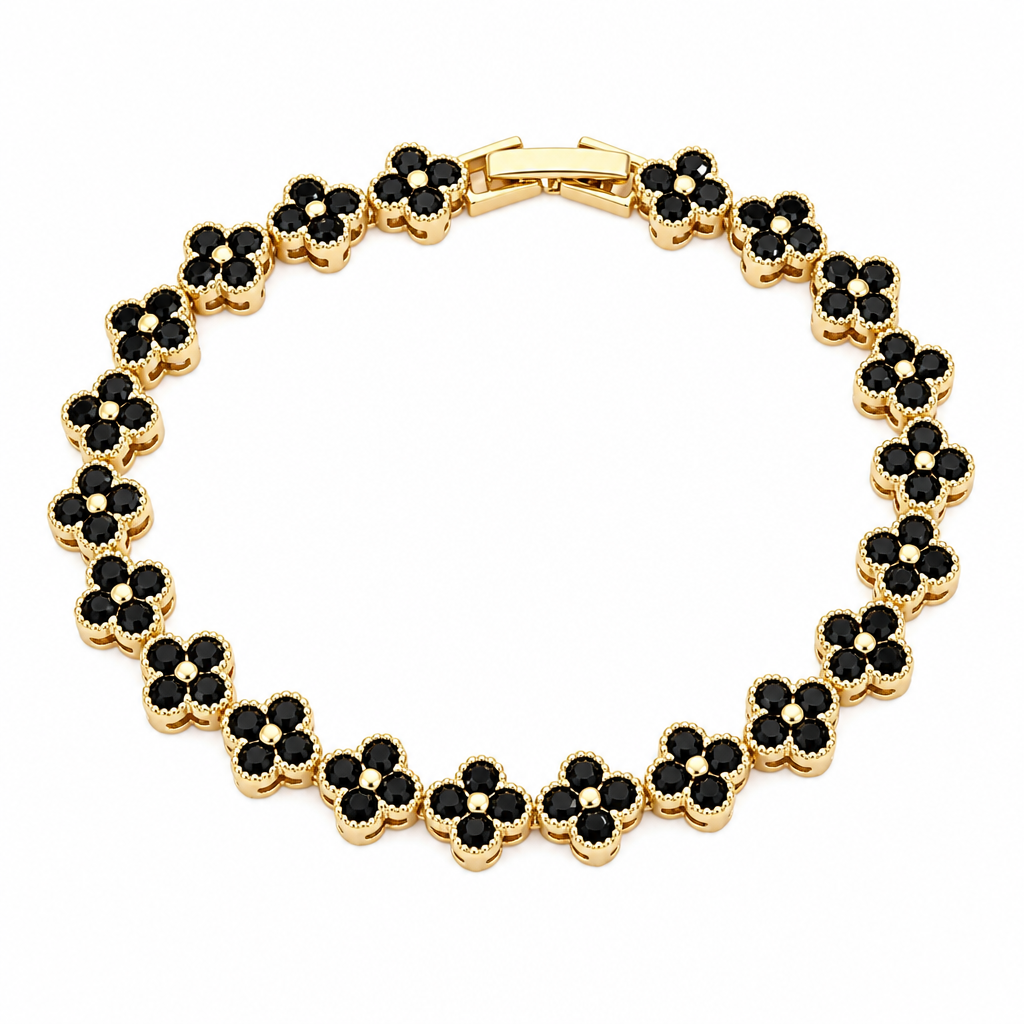 Gold and Black Four-Leaf Clover Zircon Bracelet - Gold-Tone Alloy Lucky Charm view 2