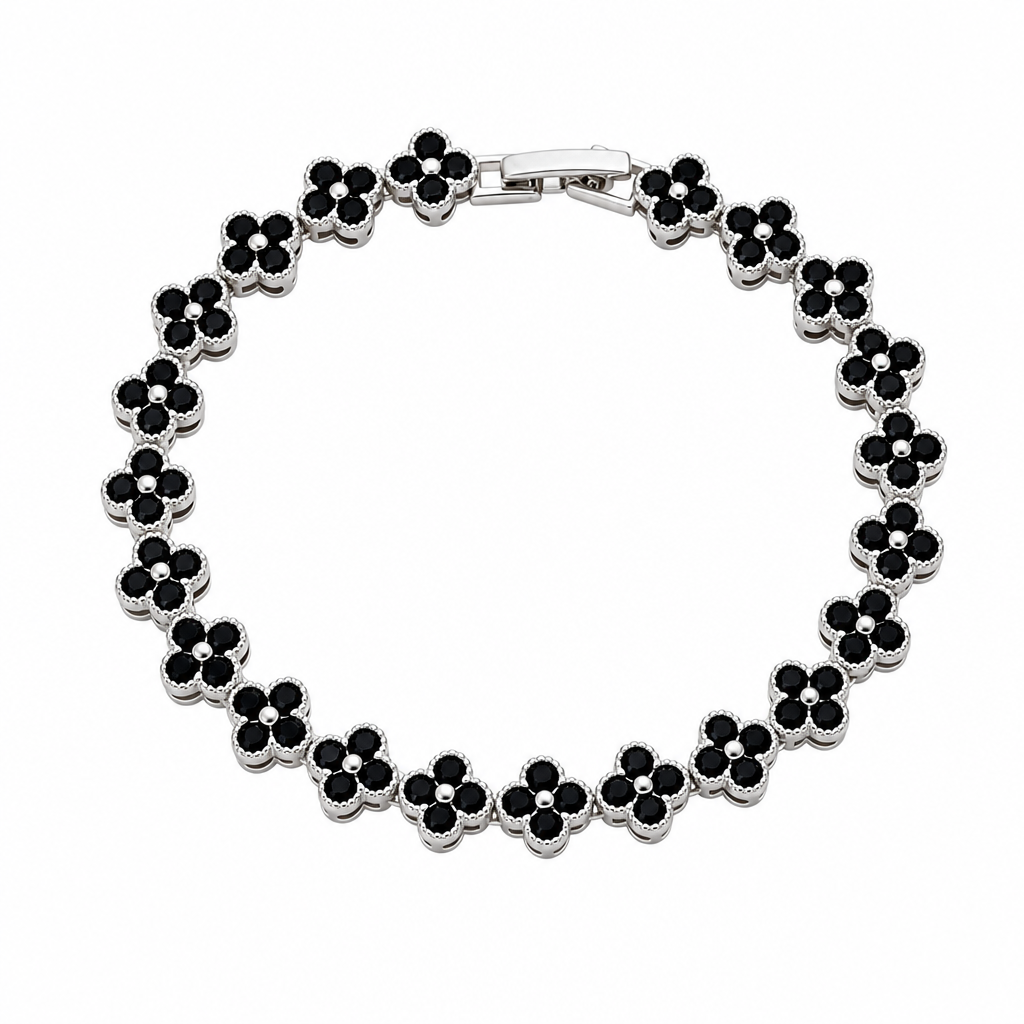 Silver and Black Four-Leaf Clover Zircon Bracelet - Gold-Tone Alloy Lucky view 2