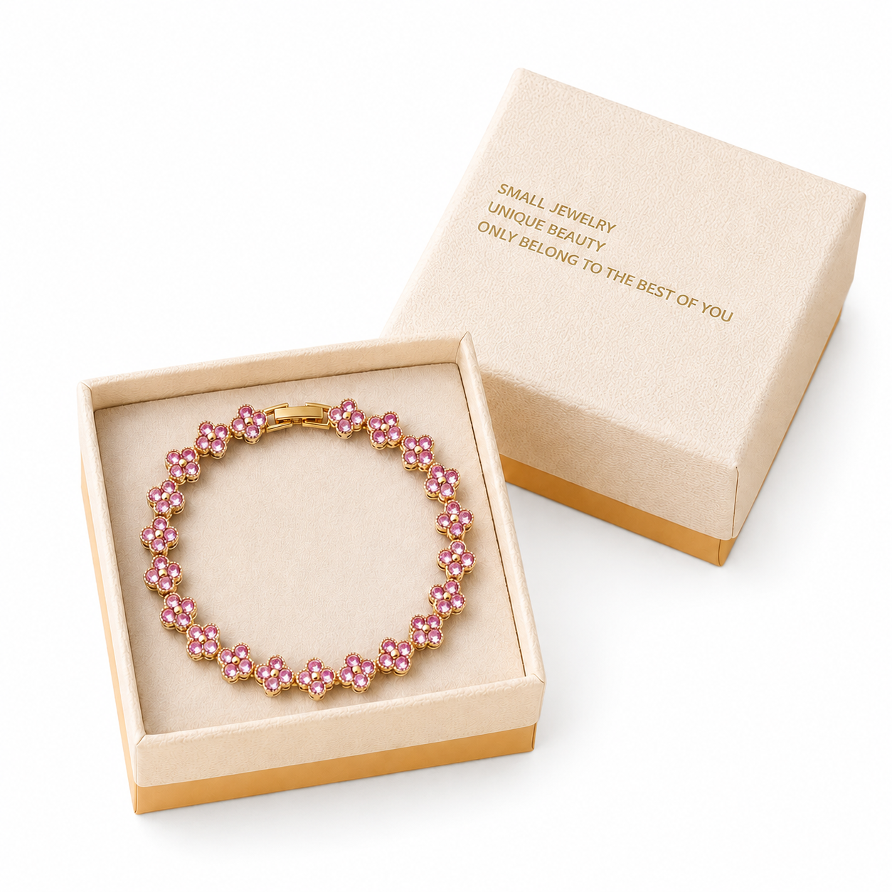 Gold and Pink Four-Leaf Clover Zircon Bracelet - Gold-Tone Alloy Lucky Charm — image 1