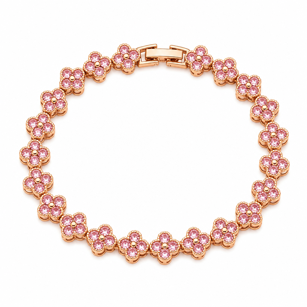 Gold and Pink Four-Leaf Clover Zircon Bracelet - Gold-Tone Alloy Lucky Charm view 2