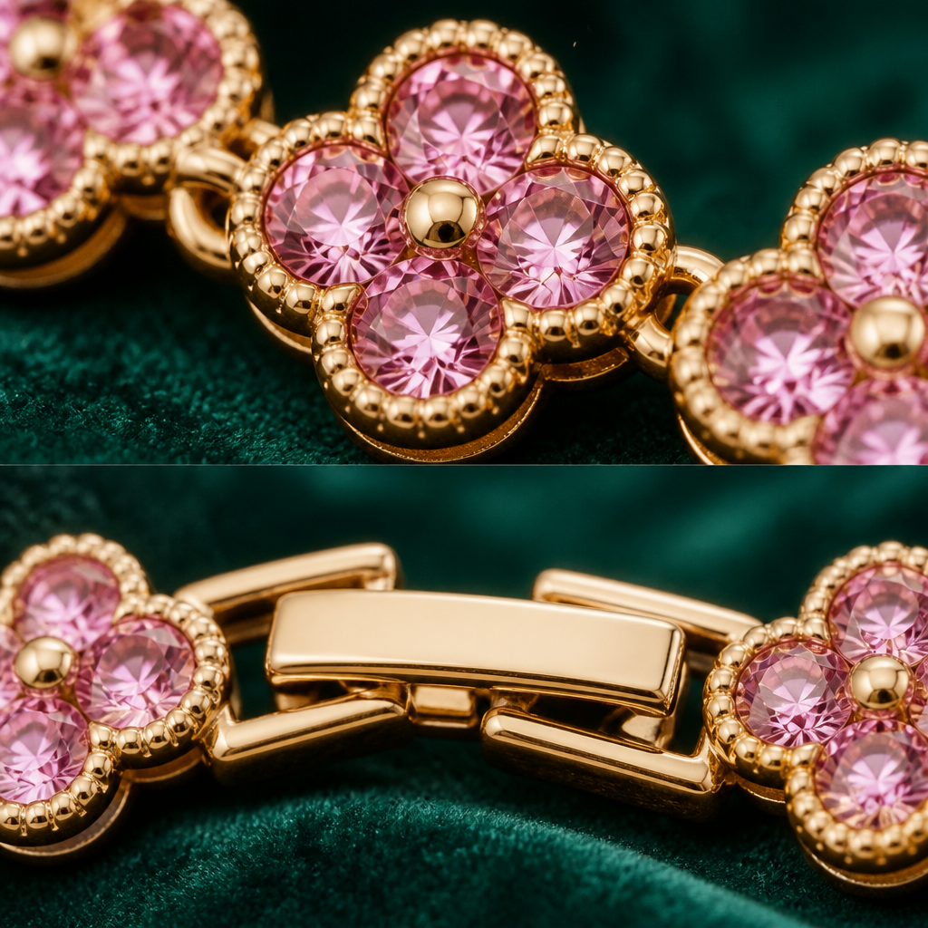 Gold and Pink Four-Leaf Clover Zircon Bracelet - Gold-Tone Alloy Lucky Charm view 4