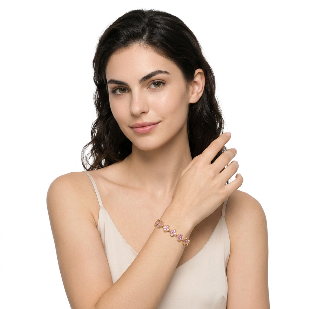 Gold and Pink Four-Leaf Clover Zircon Bracelet - Gold-Tone Alloy Lucky Charm view 6