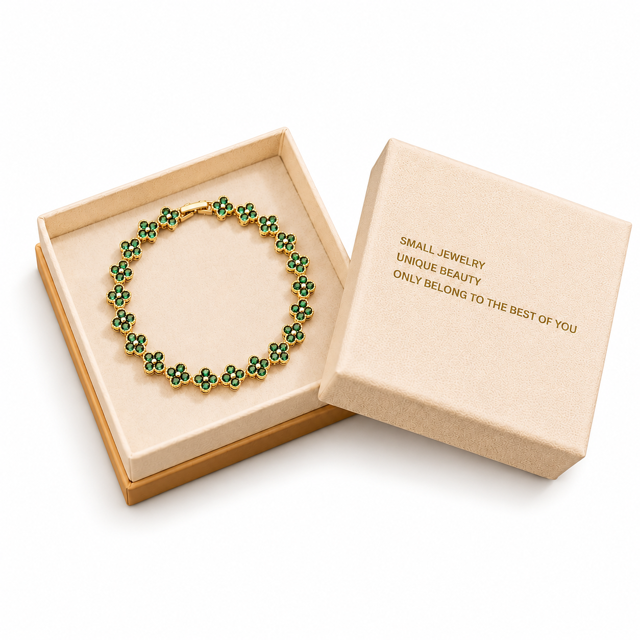 Gold and Green Four-Leaf Clover Zircon Bracelet - Gold-Tone Alloy Lucky Charm — image 1