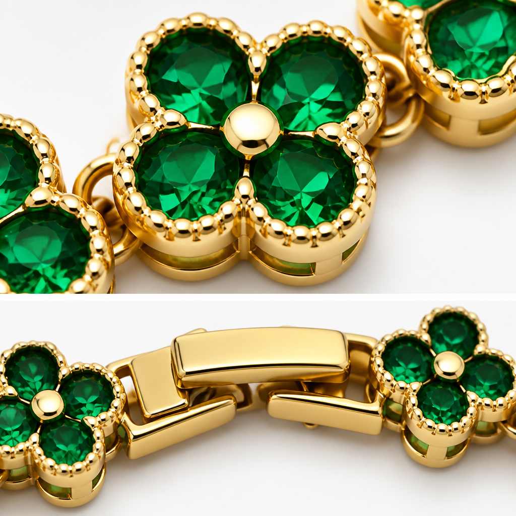 Gold and Green Four-Leaf Clover Zircon Bracelet - Gold-Tone Alloy Lucky Charm view 4