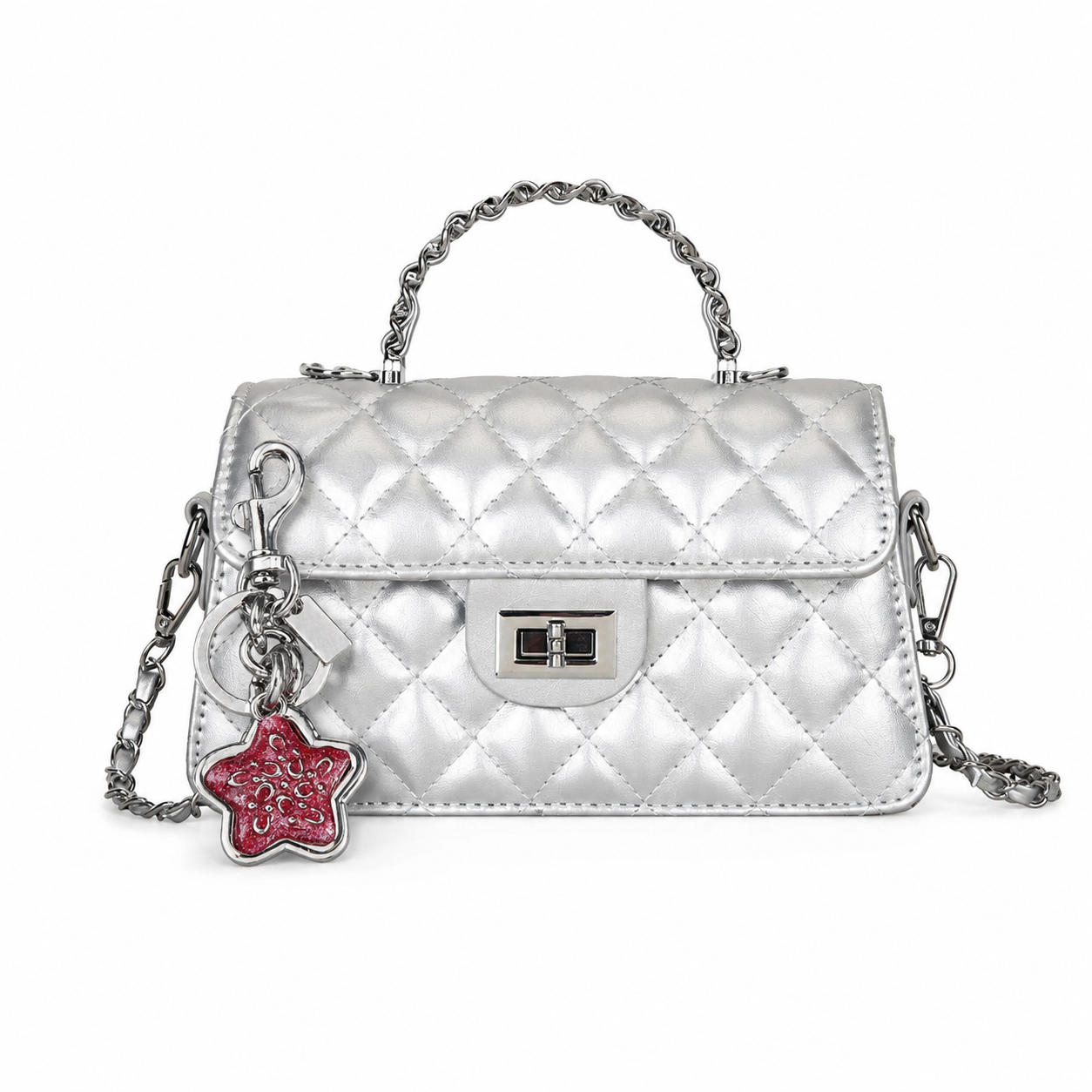 SilveryQuilted Chain Shoulder Bag with Silvery Star Charm - PU Leather Small — image 1