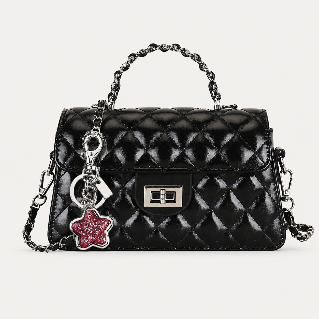 Black Quilted Chain Shoulder Bag with Silvery Star Charm - PU Leather Small — image 1