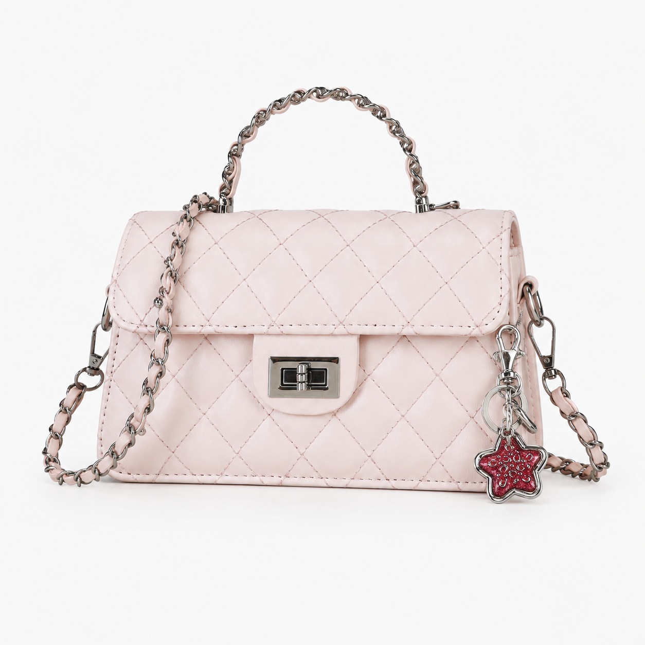 Pink Quilted Chain Shoulder Bag with Silvery Star Charm - PU Leather Small — image 1