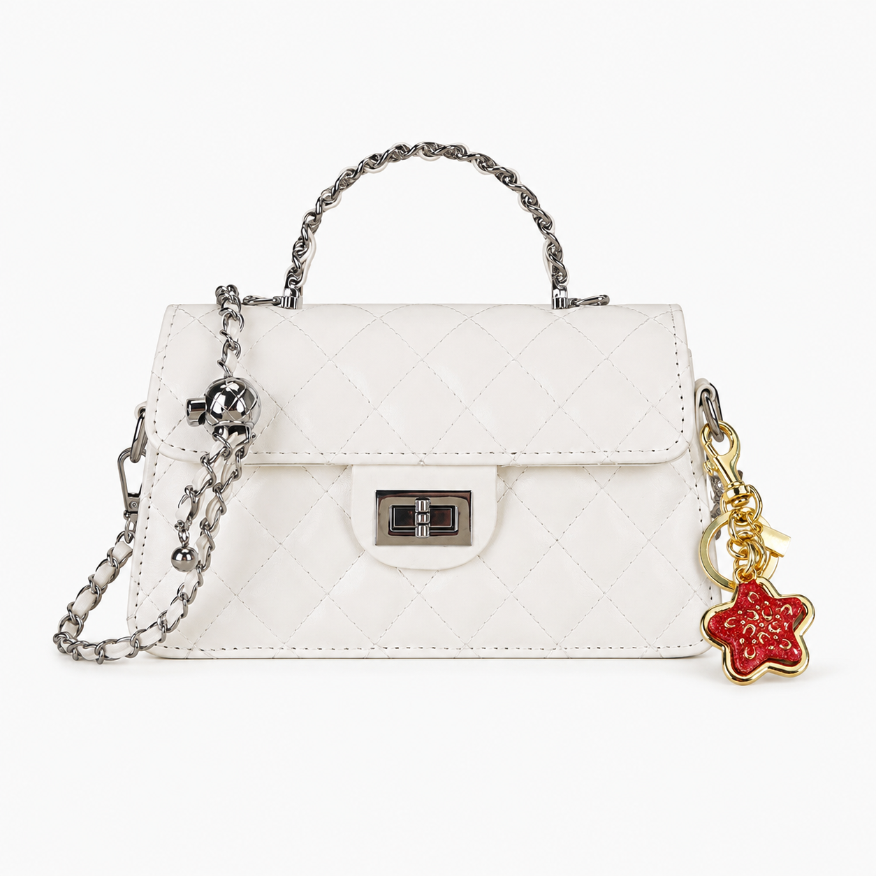 White Quilted Chain Shoulder Bag with Golden Star Charm - PU Leather Small — image 1