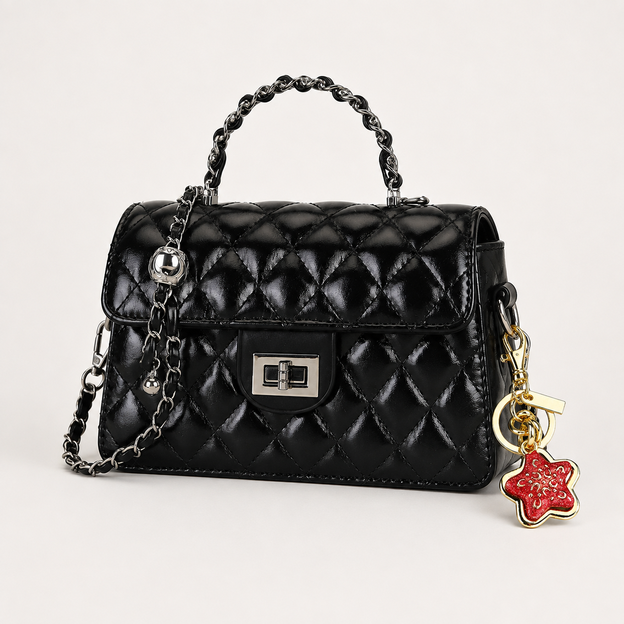Black Quilted Chain Shoulder Bag with Golden Star Charm - PU Leather Small — image 1