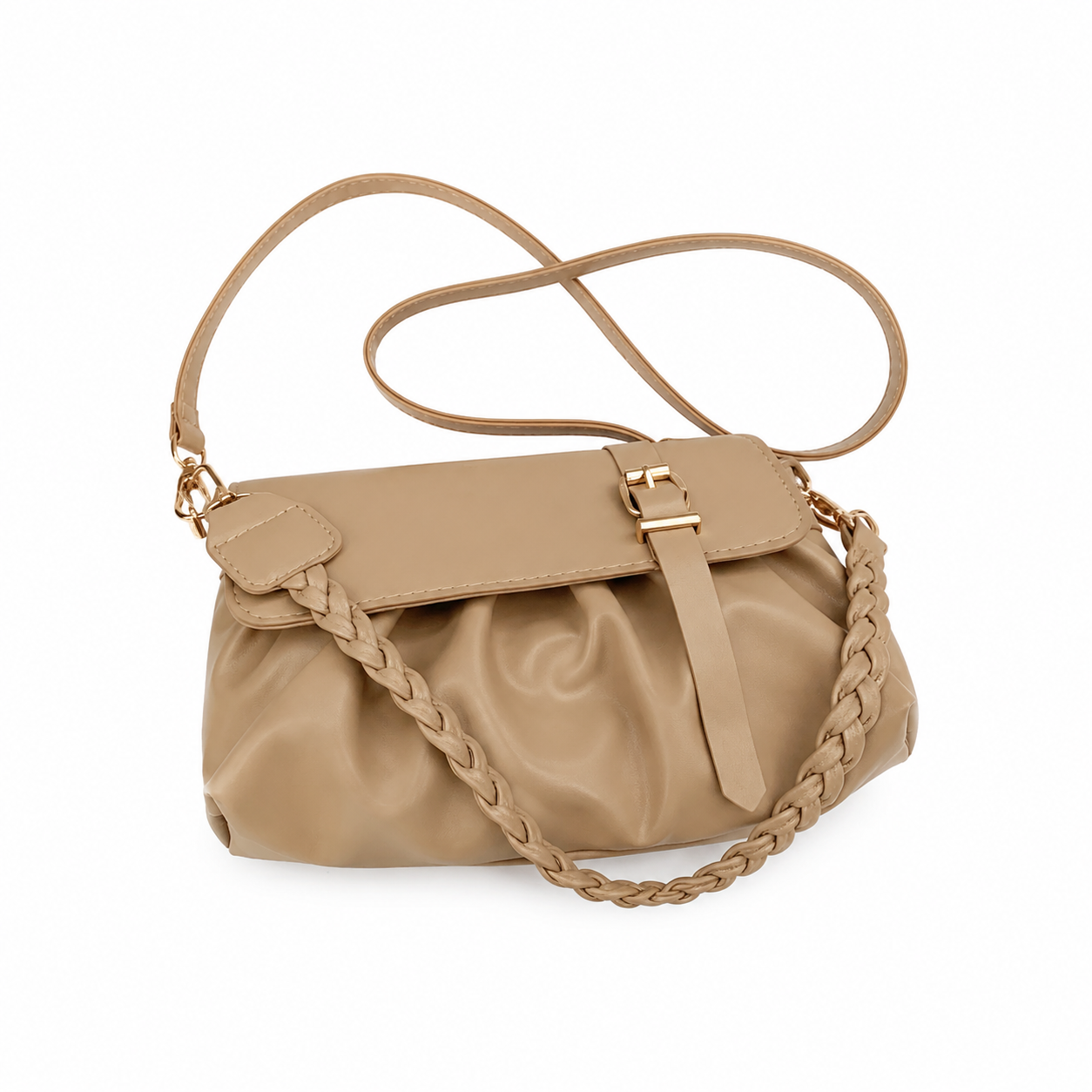 Khaki Trendy Pleated PU Leather Crossbody Bag - 24x13x7cm Compact Shoulder Bag — image 1