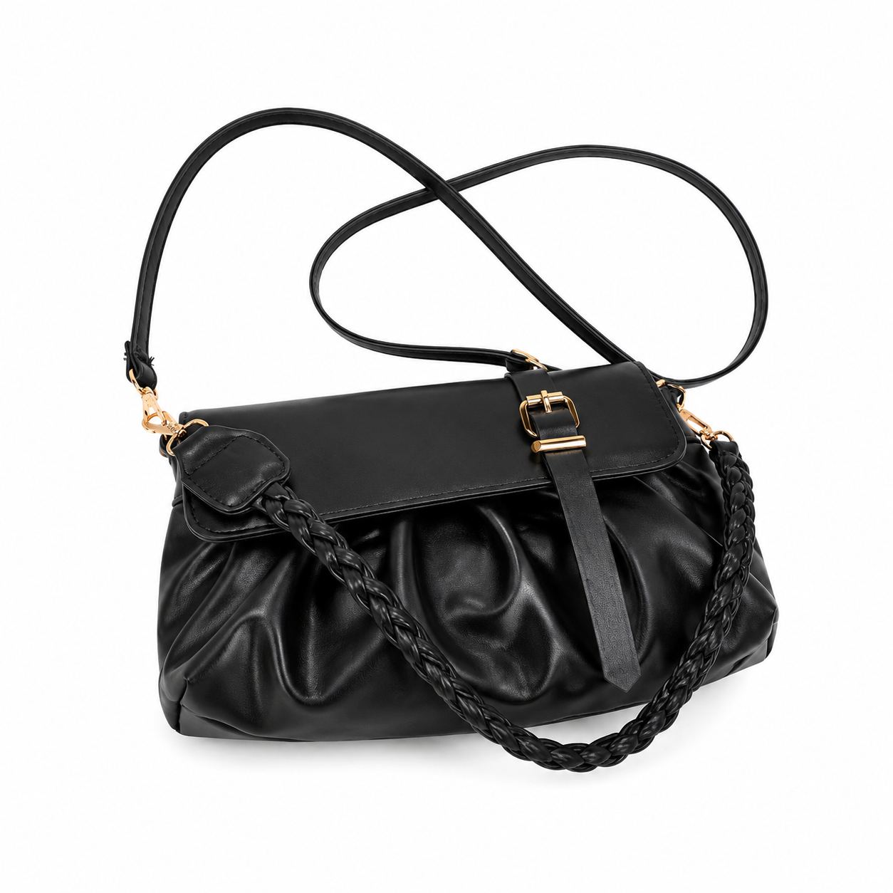 Black Trendy Pleated PU Leather Crossbody Bag - 24x13x7cm Compact Shoulder Bag — image 1