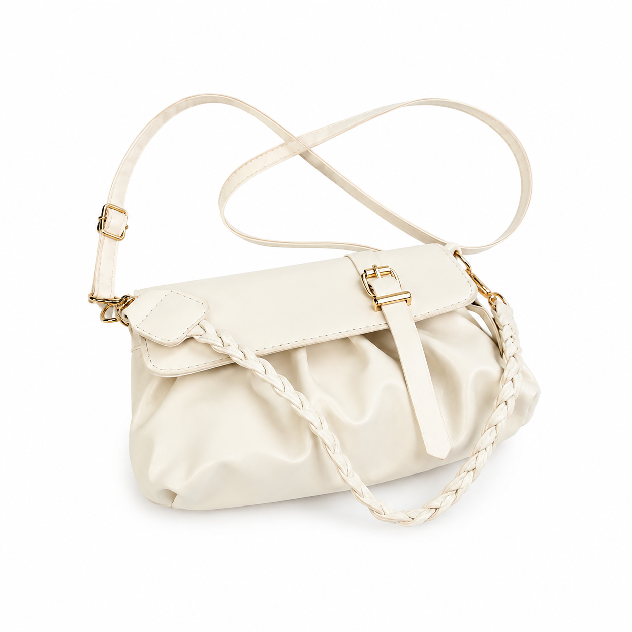 Beige Trendy Pleated PU Leather Crossbody Bag - 24x13x7cm Compact Shoulder Bag — image 1