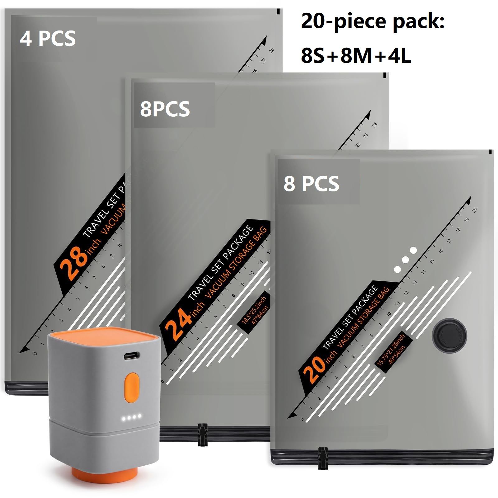 20 Piece Travel Vacuum Compression Bags with Electric Pump - Small 40x54cm*8