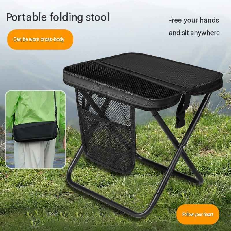Beige Portable foldable stool with a crossbody strap - High Carbon Steel Frame view 2