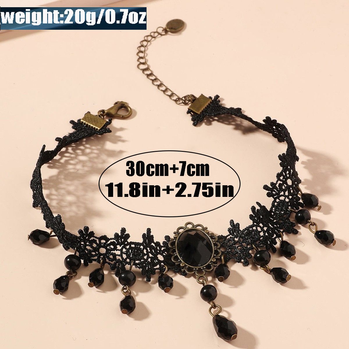 Black Gothic Lace Choker Necklace - Crystal Teardrop Pendant and Adjustable view 2