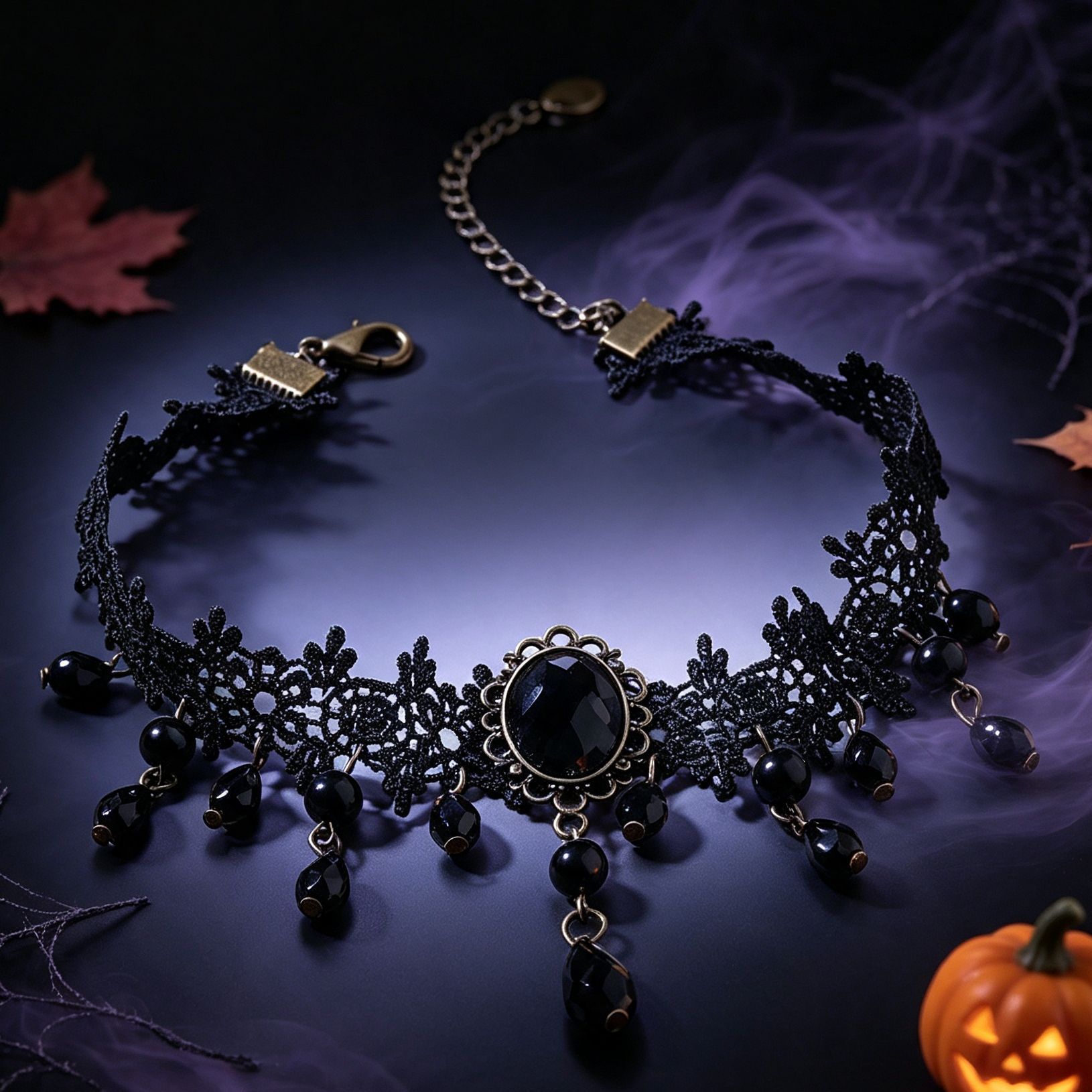 Black Gothic Lace Choker Necklace - Crystal Teardrop Pendant and Adjustable view 5