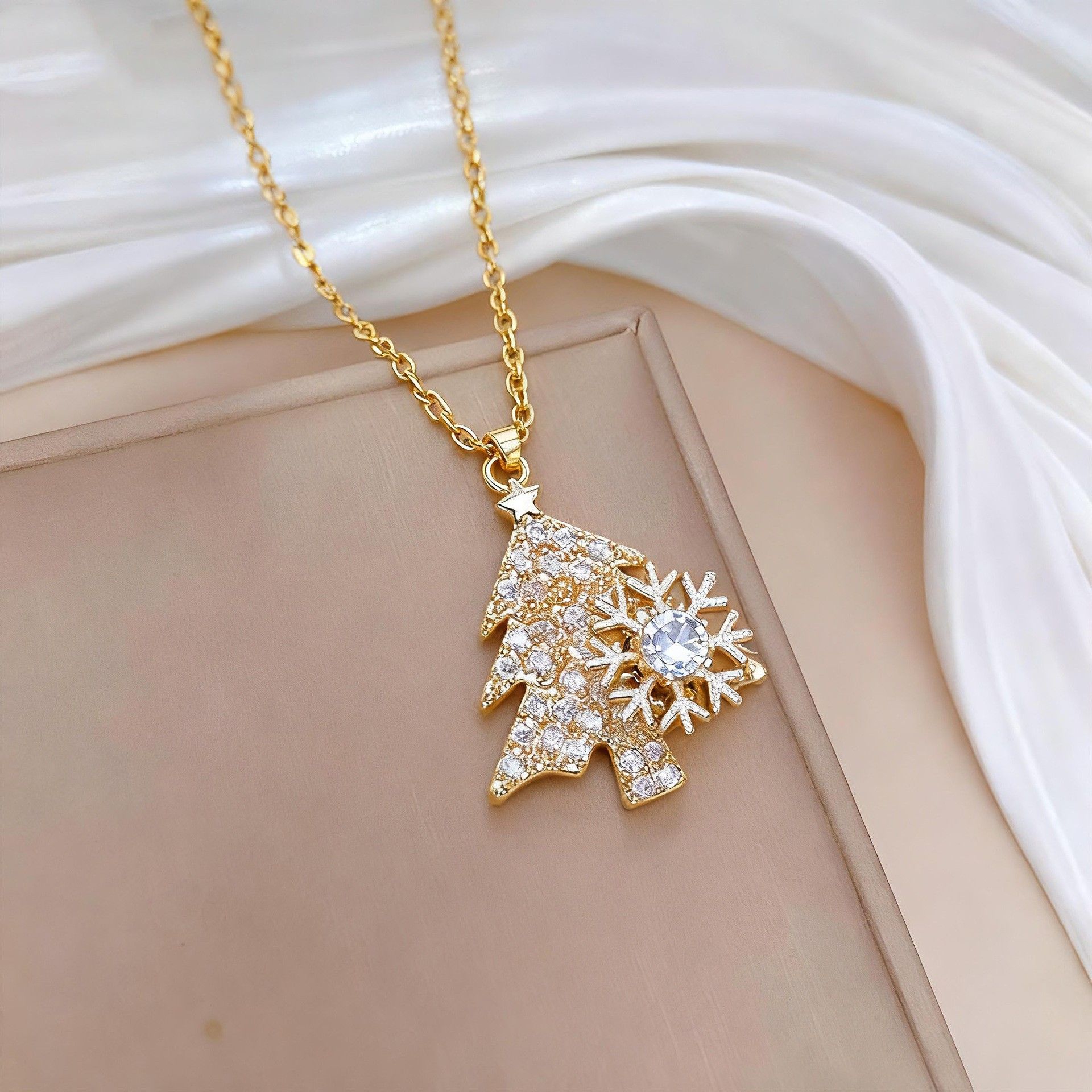 Golden Rotating snowflake Christmas Tree Pendant Necklace - Titanium Steel view 2