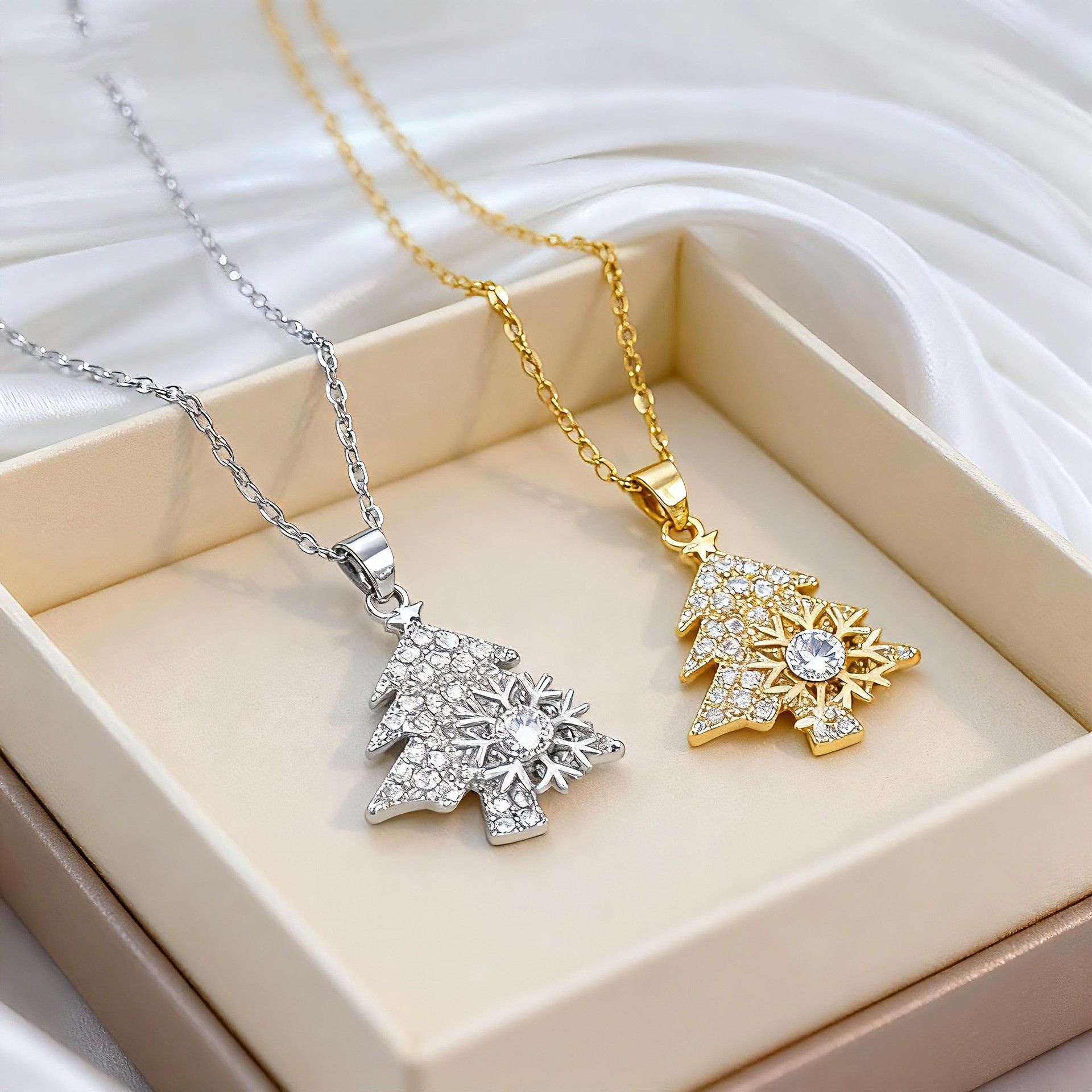 Golden Rotating snowflake Christmas Tree Pendant Necklace - Titanium Steel view 5