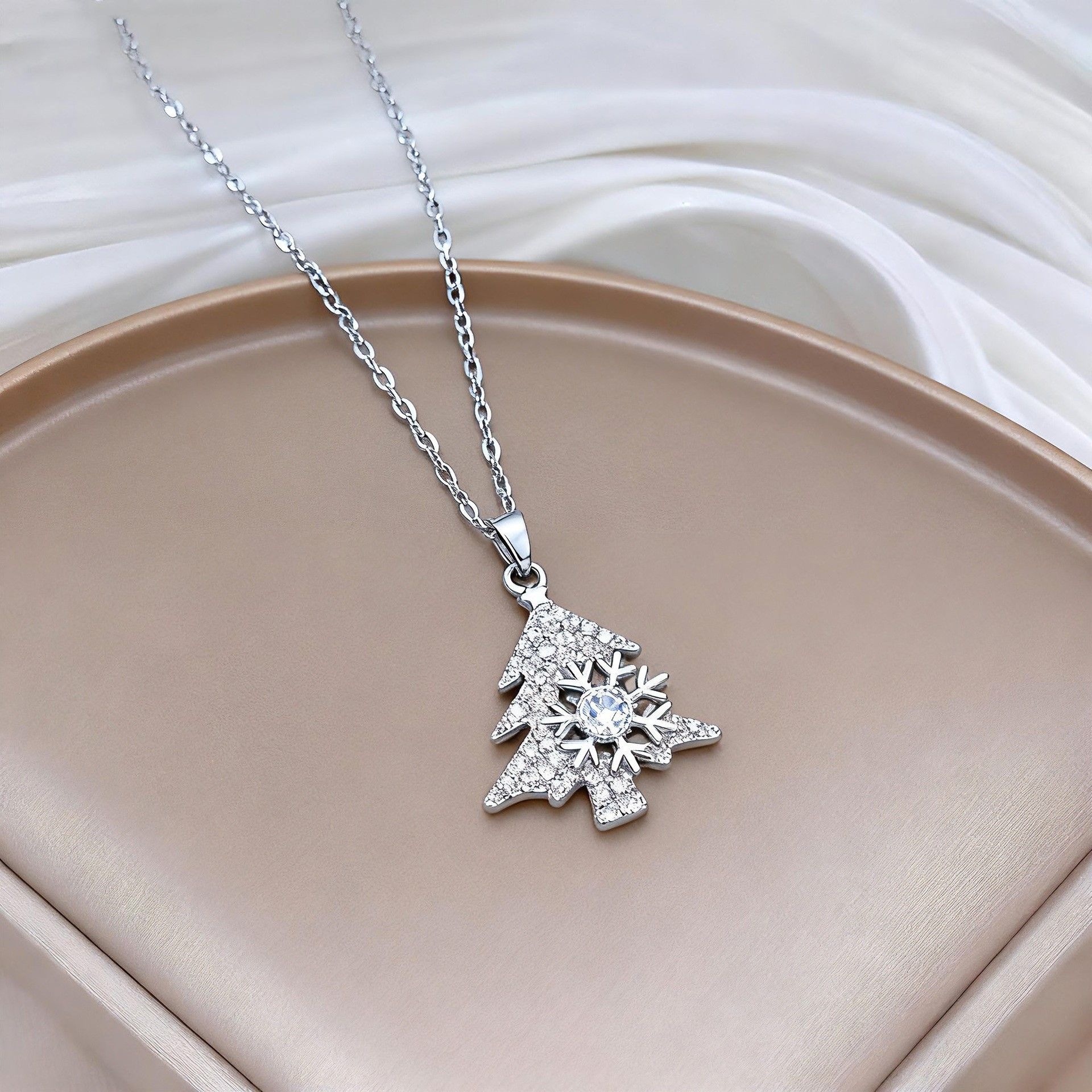 Silvery Rotating snowflake Christmas Tree Pendant Necklace - Titanium Steel view 2