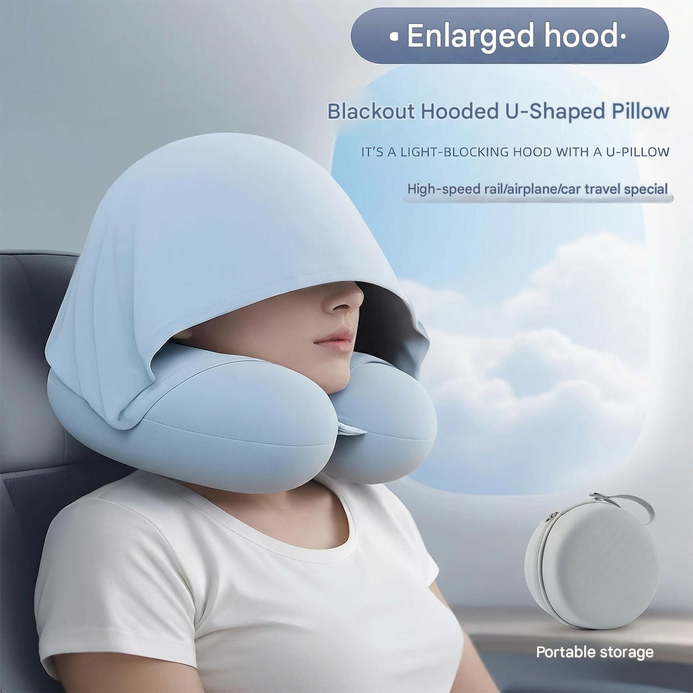 Blue Hooded U-Shape Travel Neck Pillow with Memory Foam（Storage box included） view 2