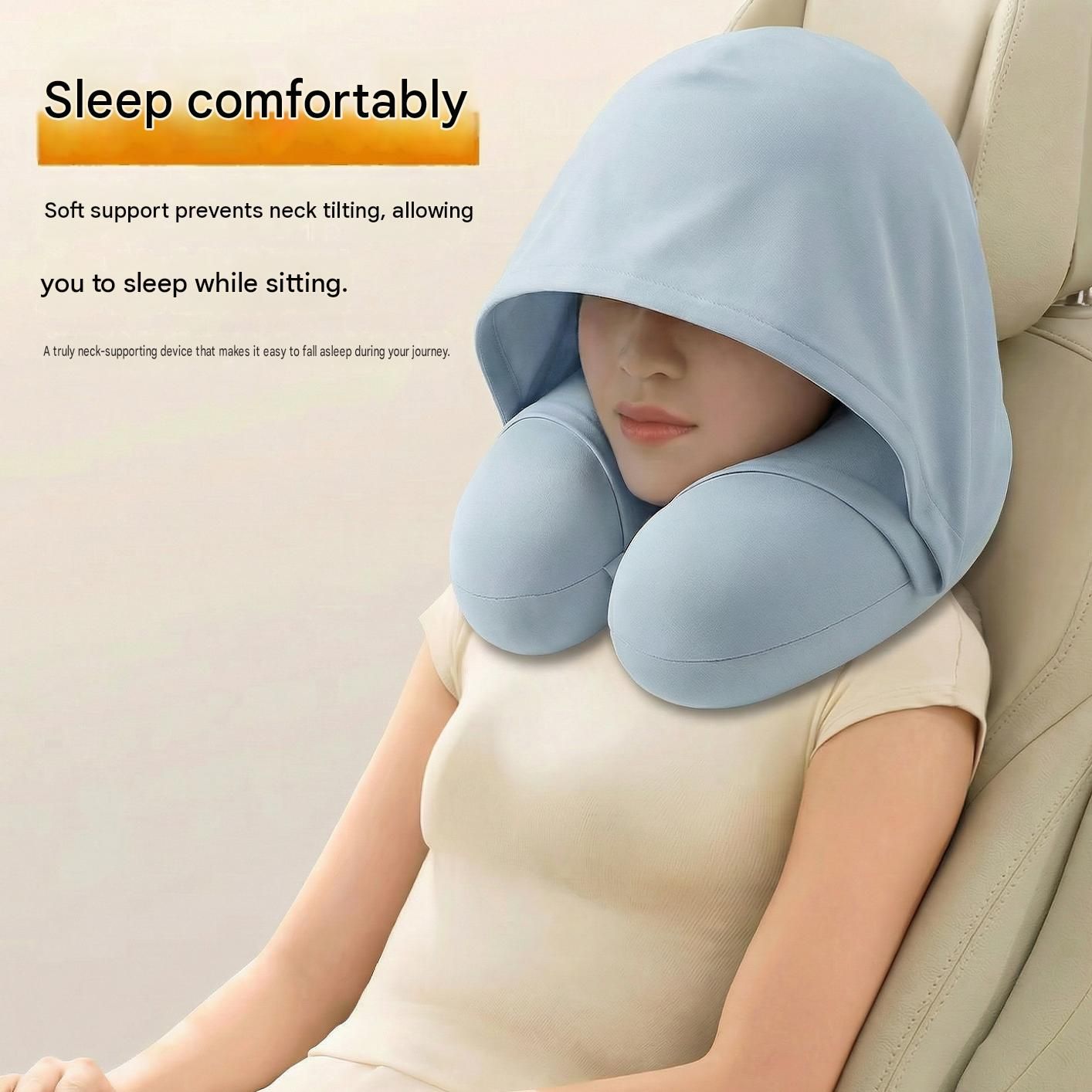 Blue Hooded U-Shape Travel Neck Pillow with Memory Foam（Storage box included） view 3