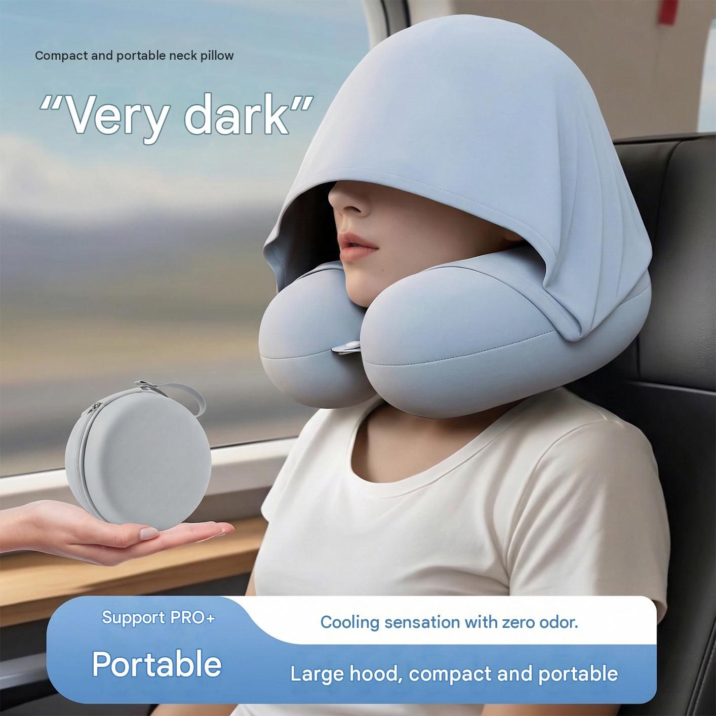 Blue Hooded U-Shape Travel Neck Pillow with Memory Foam（Storage box included） view 4