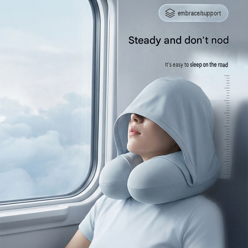 Dark grey Hooded U-Shape Travel Neck Pillow with Memory Foam（Storage box view 6
