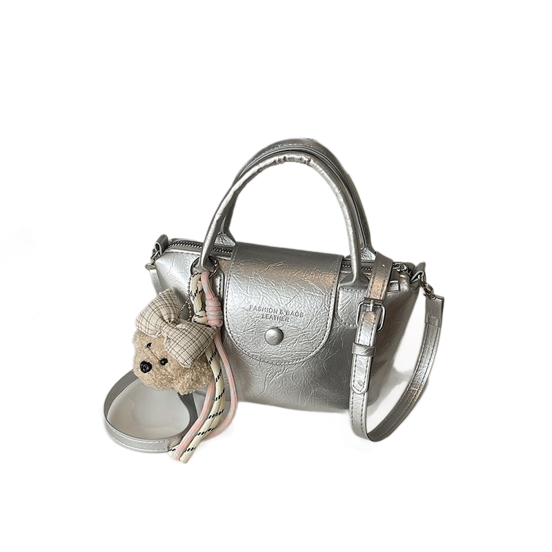 Silvery Compact PU Leather Crossbody Bag With a pendant- Lightweight Handheld — image 1