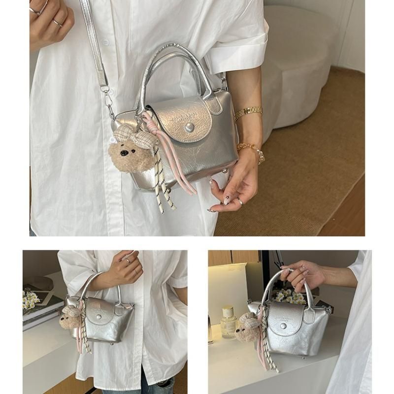 Silvery Compact PU Leather Crossbody Bag With a pendant- Lightweight Handheld view 7