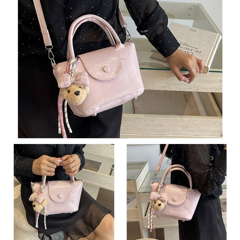 Pink Compact PU Leather Crossbody Bag With a pendant- Lightweight Handheld view 7