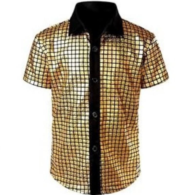 S size Men's 70s Disco Costume Set - Gold Plaid shirt with Black Bell Bottom view 2