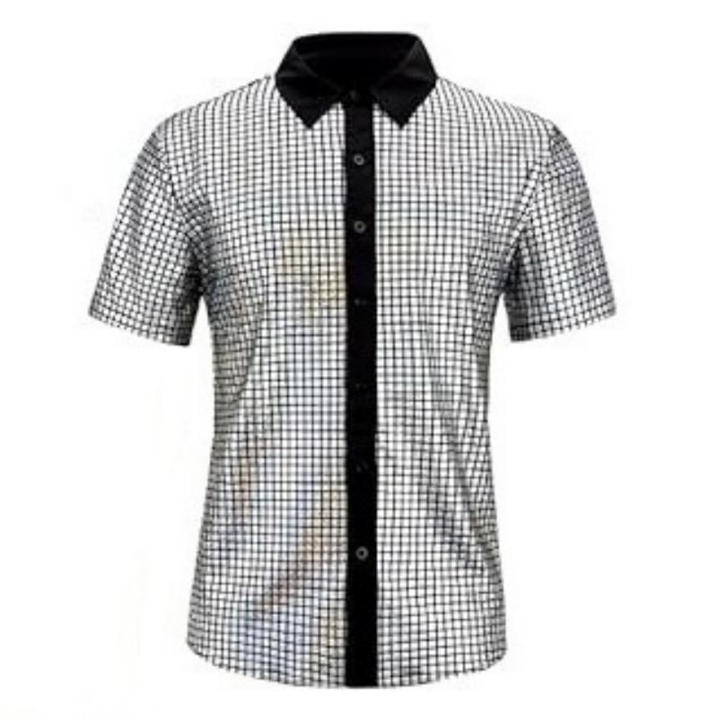 XXL size Men's 70s Disco Costume Set - Silvery Plaid shirt with Black Bell view 2