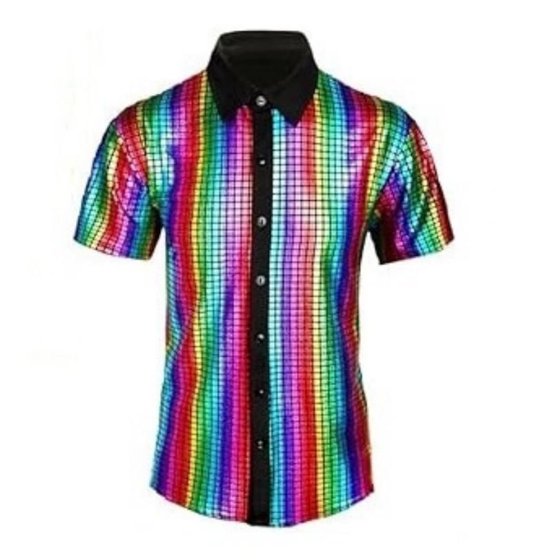 L size Men's 70s Disco Costume Set - Colorful Plaid shirt with Black Bell view 2