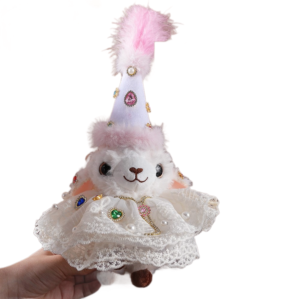 Sheep-shaped design Plush Keychain（Pink and white pointed hat + beige coat）